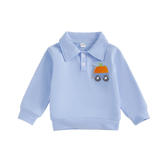 Toddler Baby Boy Pumpkin Lapel Sweatshirt – Halloween/Fall – Long Sleeve Pullover