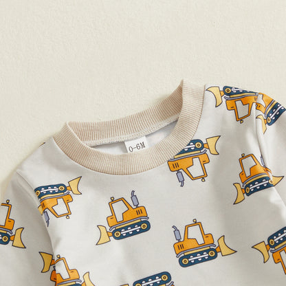 Baby Boy Excavator Print Outfit – Fall – Construction Pullover & Pants Set