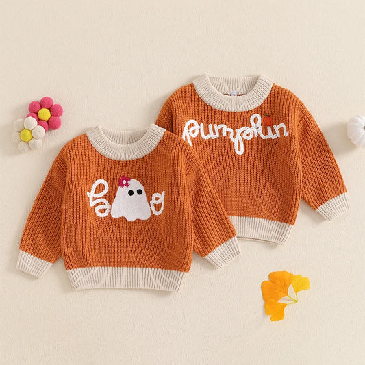 Toddler Baby Halloween Sweaters Long Sleeve Round Neck Ghost/Letter Embroidery Knit Tops Sweatshirts