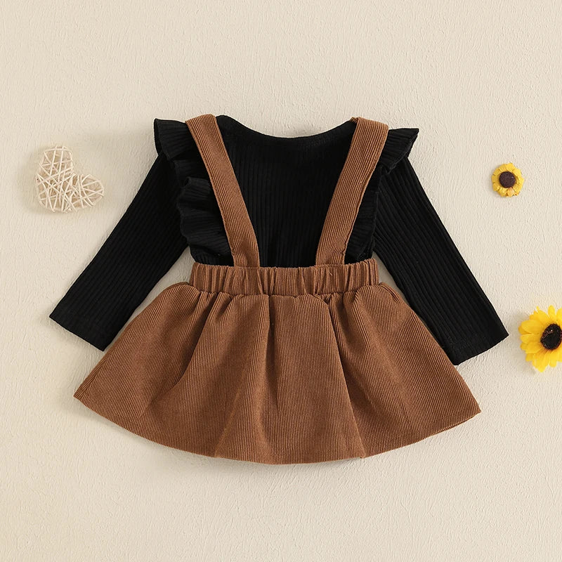 Baby Girl Corduroy Suspender Dress Set – Fall – Ruffle Ribbed Knit Top Outfit