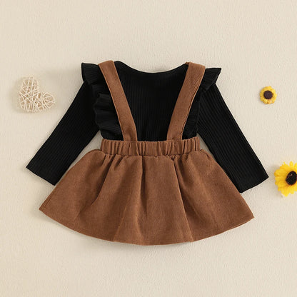 Baby Girl Corduroy Suspender Dress Set – Fall – Ruffle Ribbed Knit Top Outfit